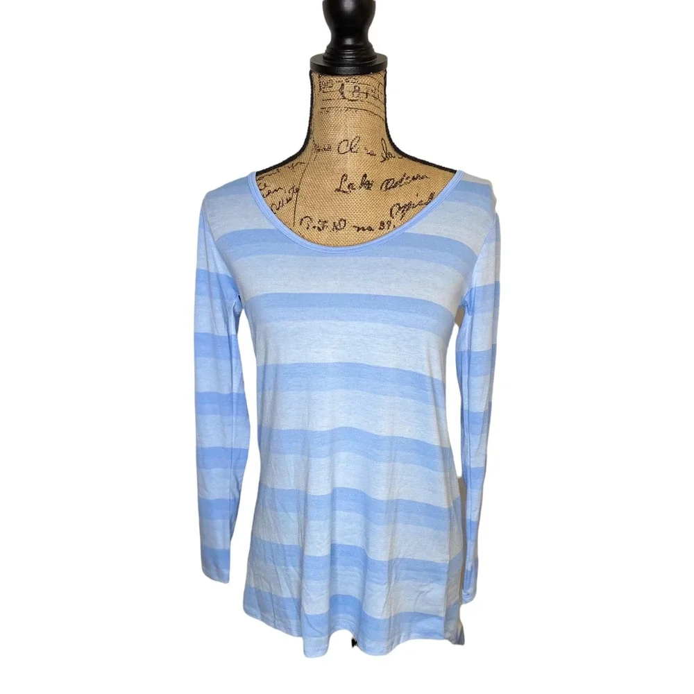 LuLaRoe Womens XXS Blue Striped Long Sleeve Scoop Neck Tunic Top Soft Knit